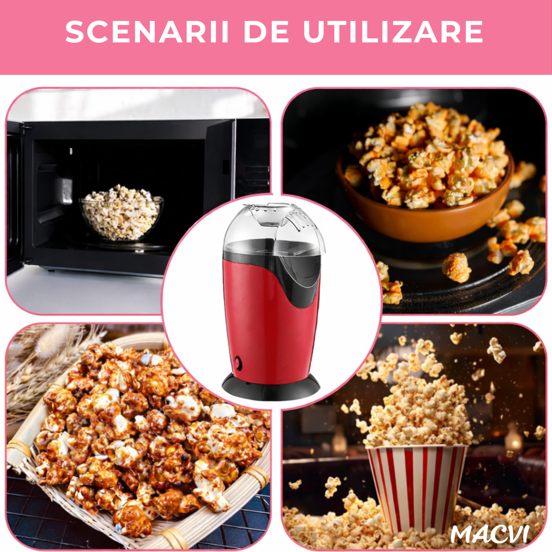 Aparat de facut popcorn Macvi®, 1200W, capacitate 2.5L, fara ulei, rosu