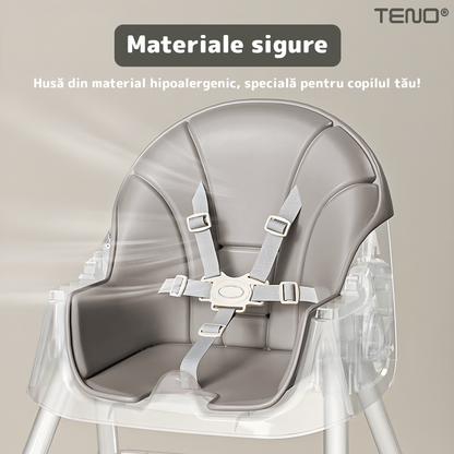 Scaun de Masa 3in1 pentru Bebelusi si Copii Teno®, centura de siguranta in 5 puncte, tavita reglabila si detasabila, loc depozitare jucarii, gri deschis