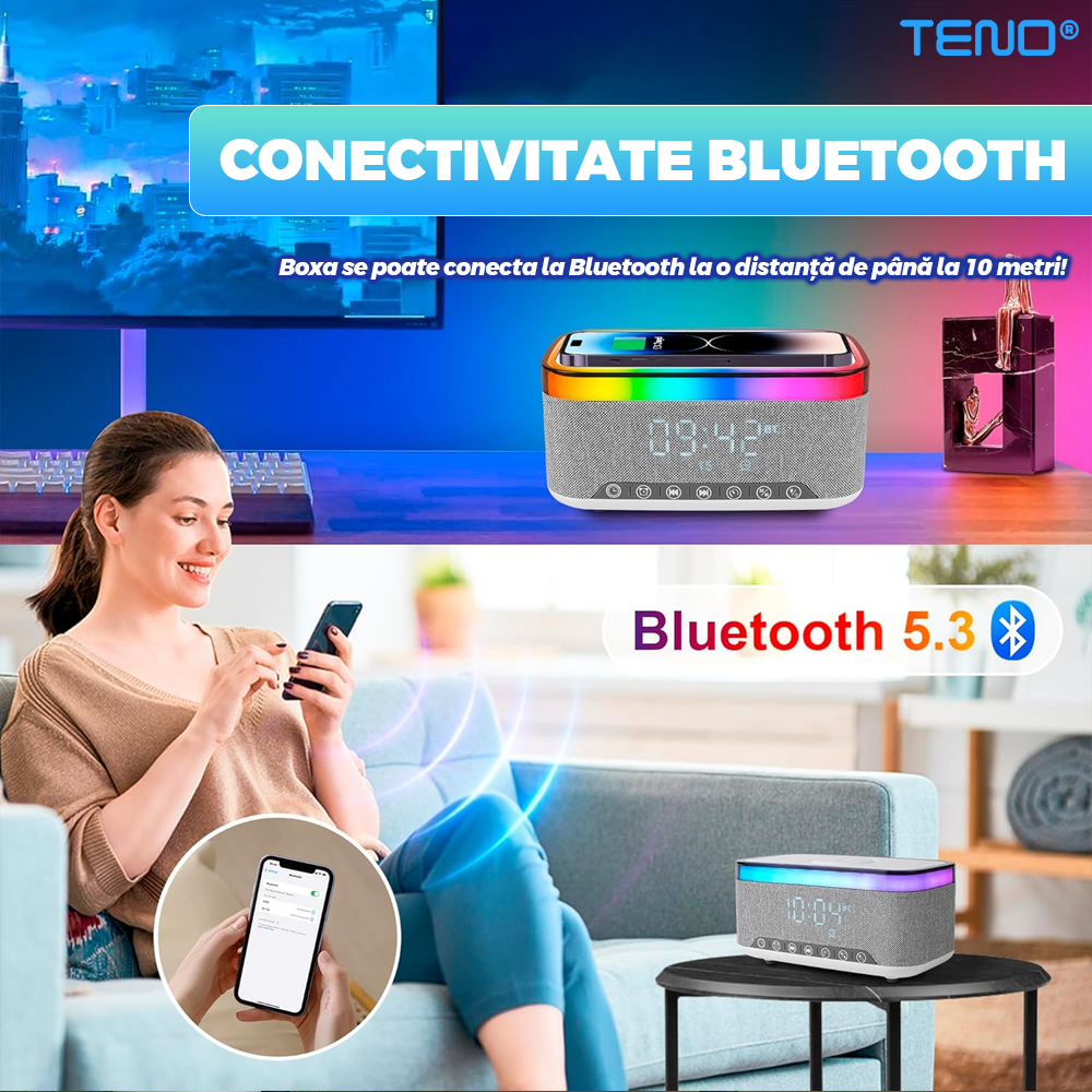 Boxa Portabila, Teno, Multifunctionala 3 in 1, Bluetooth 5.3, Incarcator Wireless, Gri