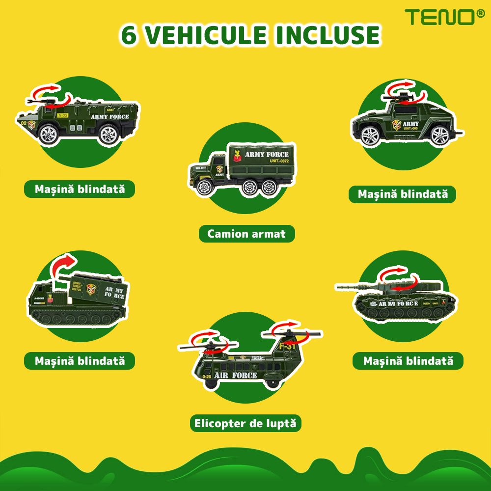 Set Camion Trailer de Jucarie pentru Transport Teno®, seria armata, 6 masinute incluse, tanc, masini blindate, accesorii mobile, lansator si rampa frontala, platforma tractare, verde