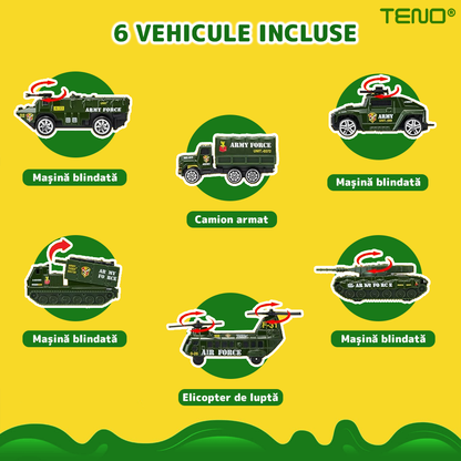 Set Camion Trailer de Jucarie pentru Transport Teno®, seria armata, 6 masinute incluse, tanc, masini blindate, accesorii mobile, lansator si rampa frontala, platforma tractare, verde