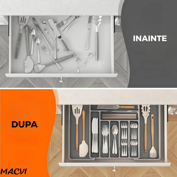 Organizator extensibil Macvi® 8 compartimente, pentru sertar, Sistem modular pentru tacamuri si ustensile de bucatarie, Gri