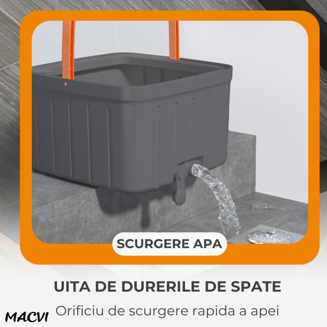 Mop Rotativ Macvi® cu Galeata, 2 lavete microfibra, functie de autocuratare, Rotatie 360°, Stoarcere Automata, Gri Inchis