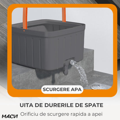 Mop Rotativ Macvi® cu Galeata, 2 lavete microfibra, functie de autocuratare, Rotatie 360°, Stoarcere Automata, Gri Inchis