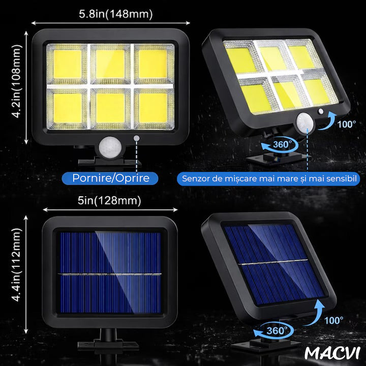 Lampa solara LED COB Macvi® 120 LED senzor miscare telecomanda panou solar reglabil cablu 5 m rotatie 360 grade IP65 rezistenta apa si praf lumina rece 30W
