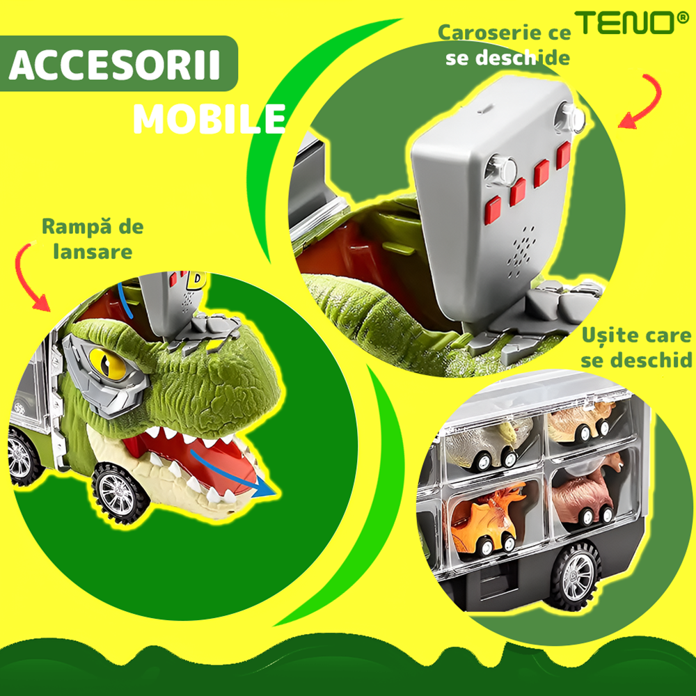 Set Camion Trailer de Jucarie pentru Transport Teno®, T-REX, 6 vehicule incluse, masina, barca, elicopter, accesorii mobile, lansator si rampa frontala, platforma tractare, verde deschis