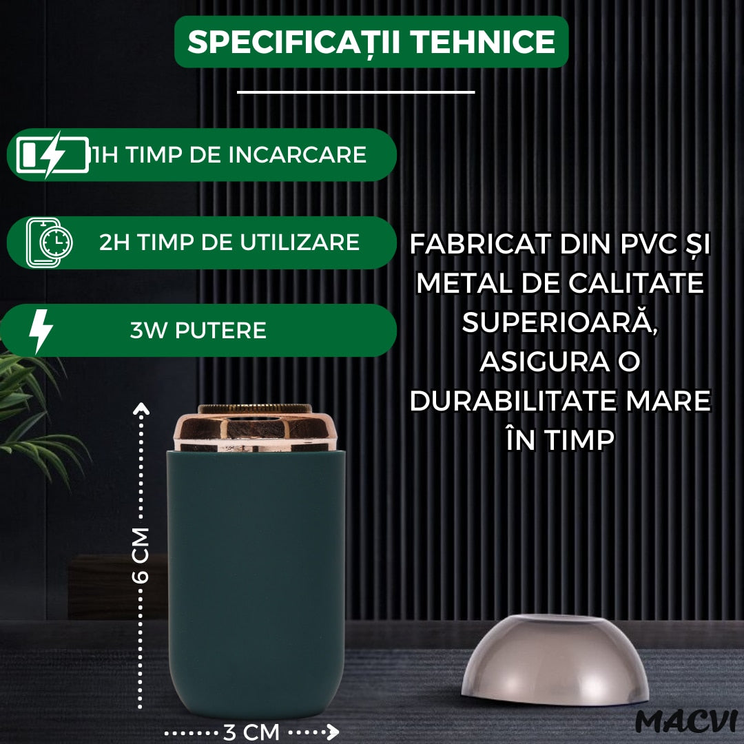 Mini aparat de ras portabil Macvi®, Depilare rapida si eficienta, incarcare USB, autonomie 60 minute, Verde