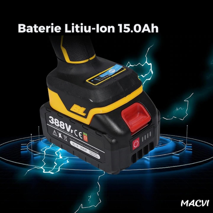 Polizor Unghiular Macvi® 96V Fara Fir Motor Brushless, Acumulator 15.0Ah, 10.000 RPM, 3 Viteze, Disc 125 mm, Protectie Suprasarcina, Afisaj Baterie