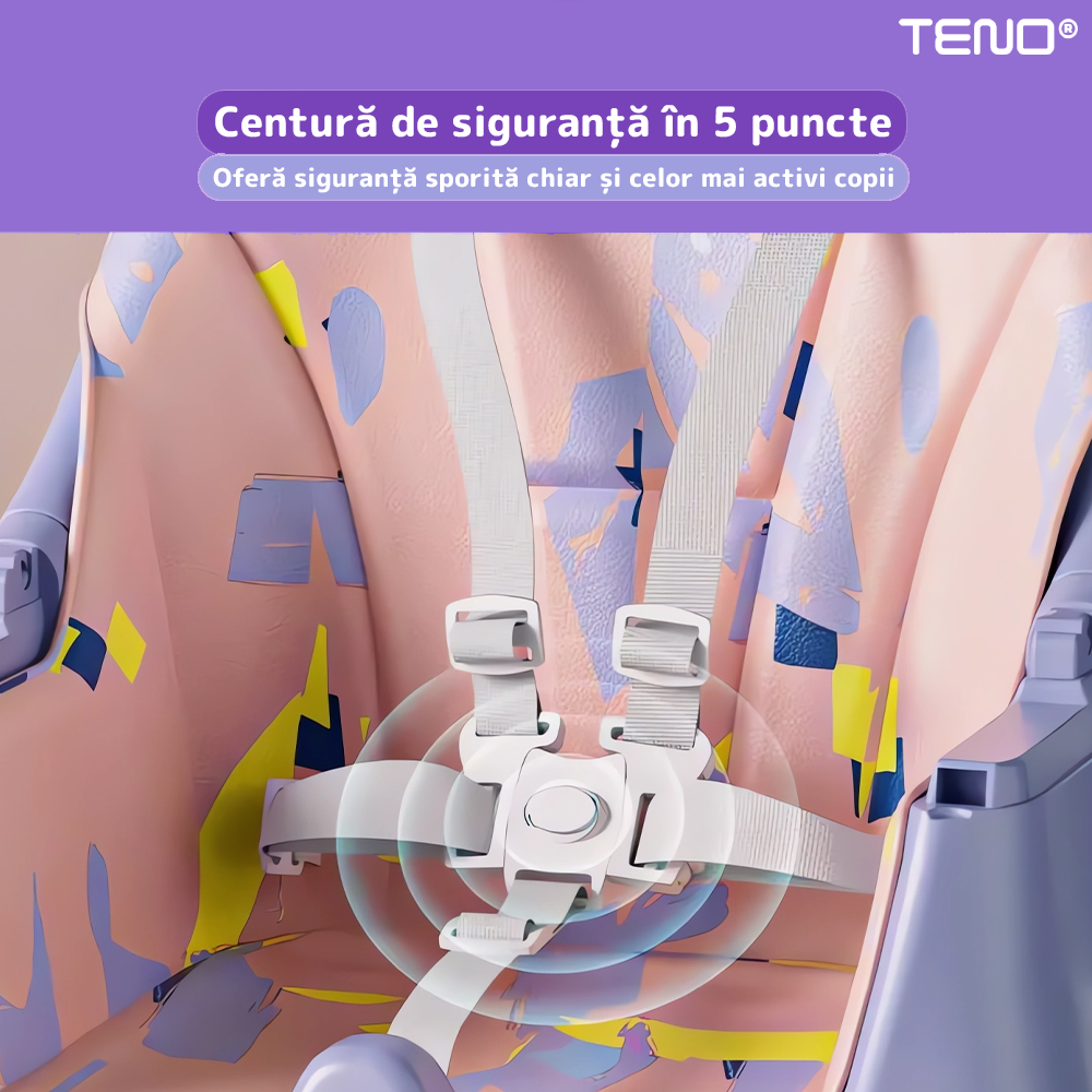 Scaun de Masa 3in1 pentru Bebelusi si Copii Teno®, centura de siguranta in 5 puncte, tavita reglabila si detasabila, loc depozitare jucarii, roz/mov