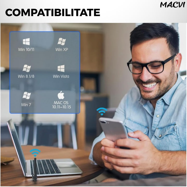 Adaptor wireless Macvi® usb 3.0 dual band 2.4 si 5 ghz 1200 mbps cu antene externe compatibil windows linux mac