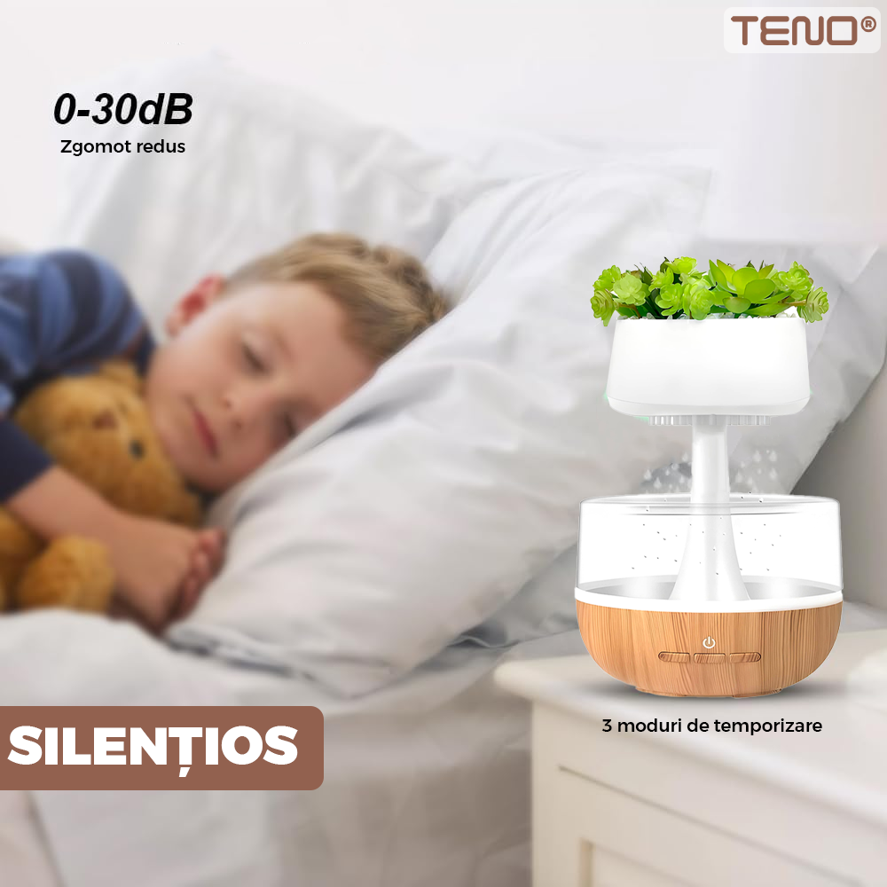 Difuzor Aromaterapie Teno®, tip planta, efect de picuri, silentios, temporizator, capacitate 130 ml, maro