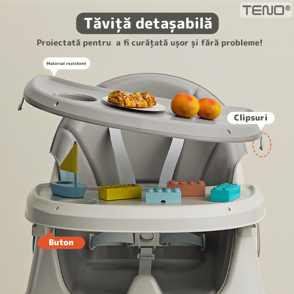 Scaun de Masa 3in1 pentru Bebelusi si Copii Teno®, centura de siguranta in 5 puncte, tavita reglabila si detasabila, loc depozitare jucarii, gri deschis