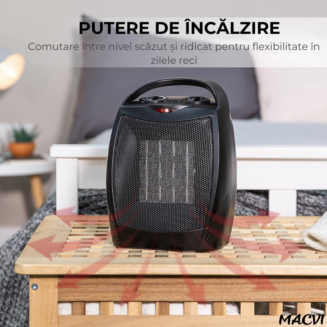 Aeroterma electrica Macvi® 1500W cu ceramica PTC, 2 niveluri de putere, termostat ajustabil, protectie supraincalzire, incalzitor portabil pentru camere pana la 15 mp