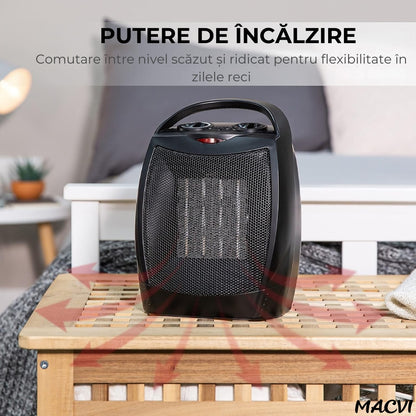 Aeroterma electrica Macvi® 1500W cu ceramica PTC, 2 niveluri de putere, termostat ajustabil, protectie supraincalzire, incalzitor portabil pentru camere pana la 15 mp