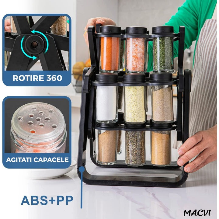 Organizator condimente rotativ Macvi®, suport ABS, 18 borcane sticla, design elegant, economisire spatiu, negru