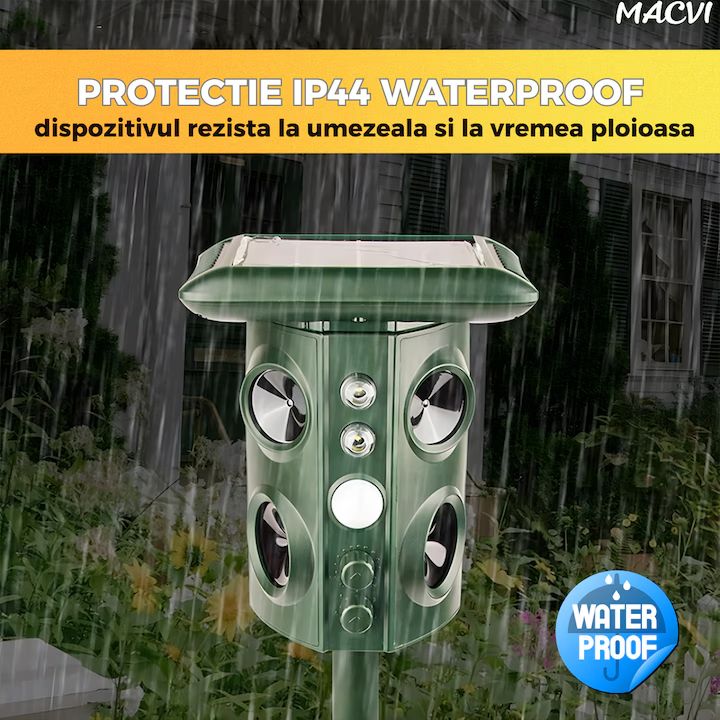 Aparat Macvi® cu ultrasunete anti-daunatori, 360°, anti animale salbatice, incarcare solara/USB, senzori PIR, LED-uri stroboscopice, waterproof, verde, dublu