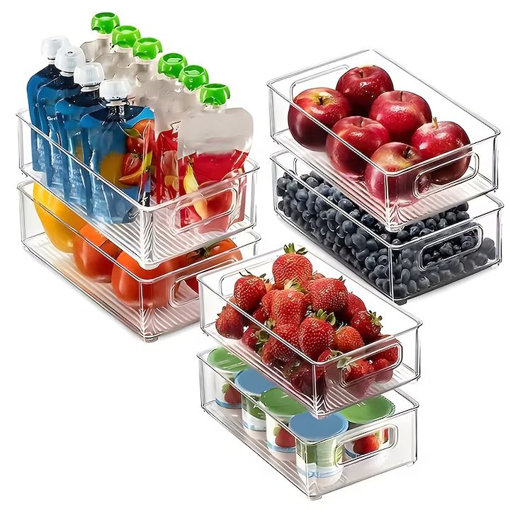 Set 6 organizatoare Macvi® pentru frigider, ABS durabil, fara BPA, stocabile, cu manere integrate, 26×15 cm, transparente