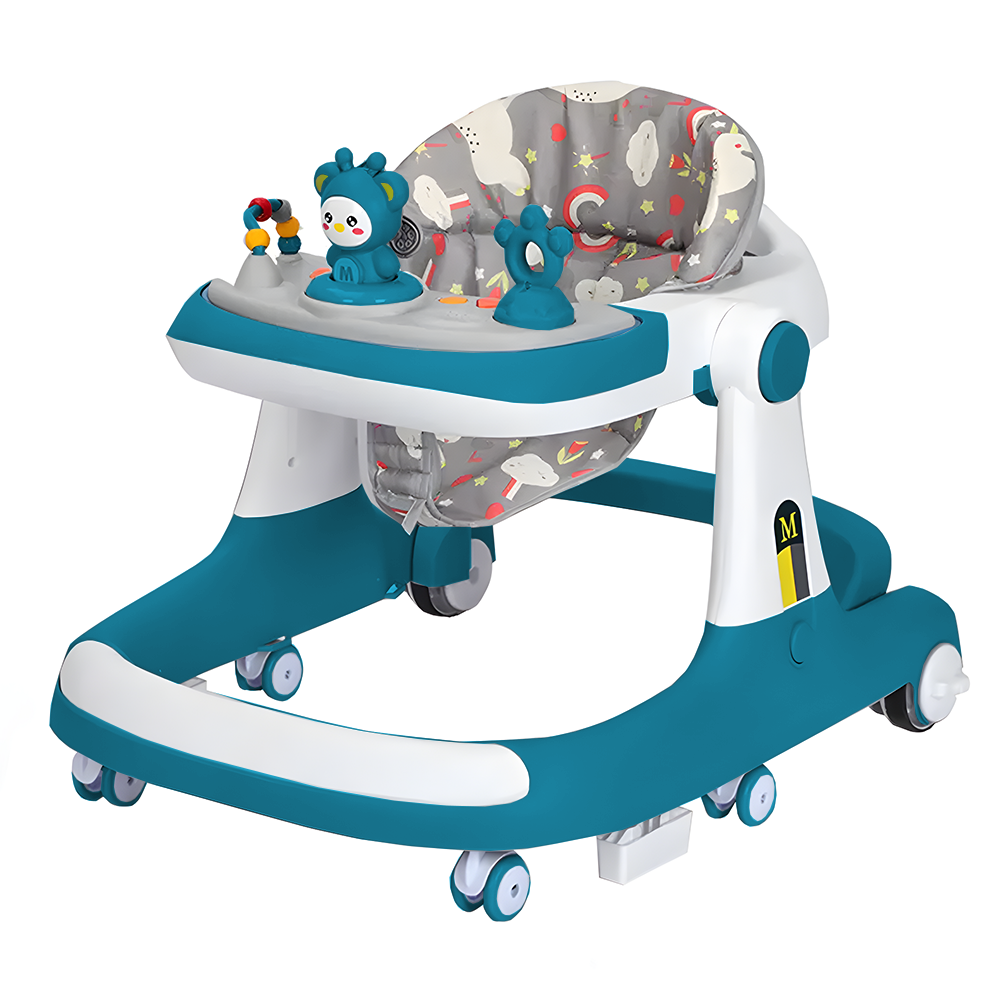 Premergator Multifunctional pentru Bebelusi Teno®, tava cu 3 jucarii, muzica, reglabil, pliabil, greutate max 20kg, 6-36 luni, albastru