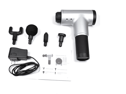 Aparat de Masaj Tip Pistol Macvi® , Cu 4 Capete Interschimbabile, 6 Trepte de Viteza, Autonomie 4 ore, 24W, 3400 RPM, Gri