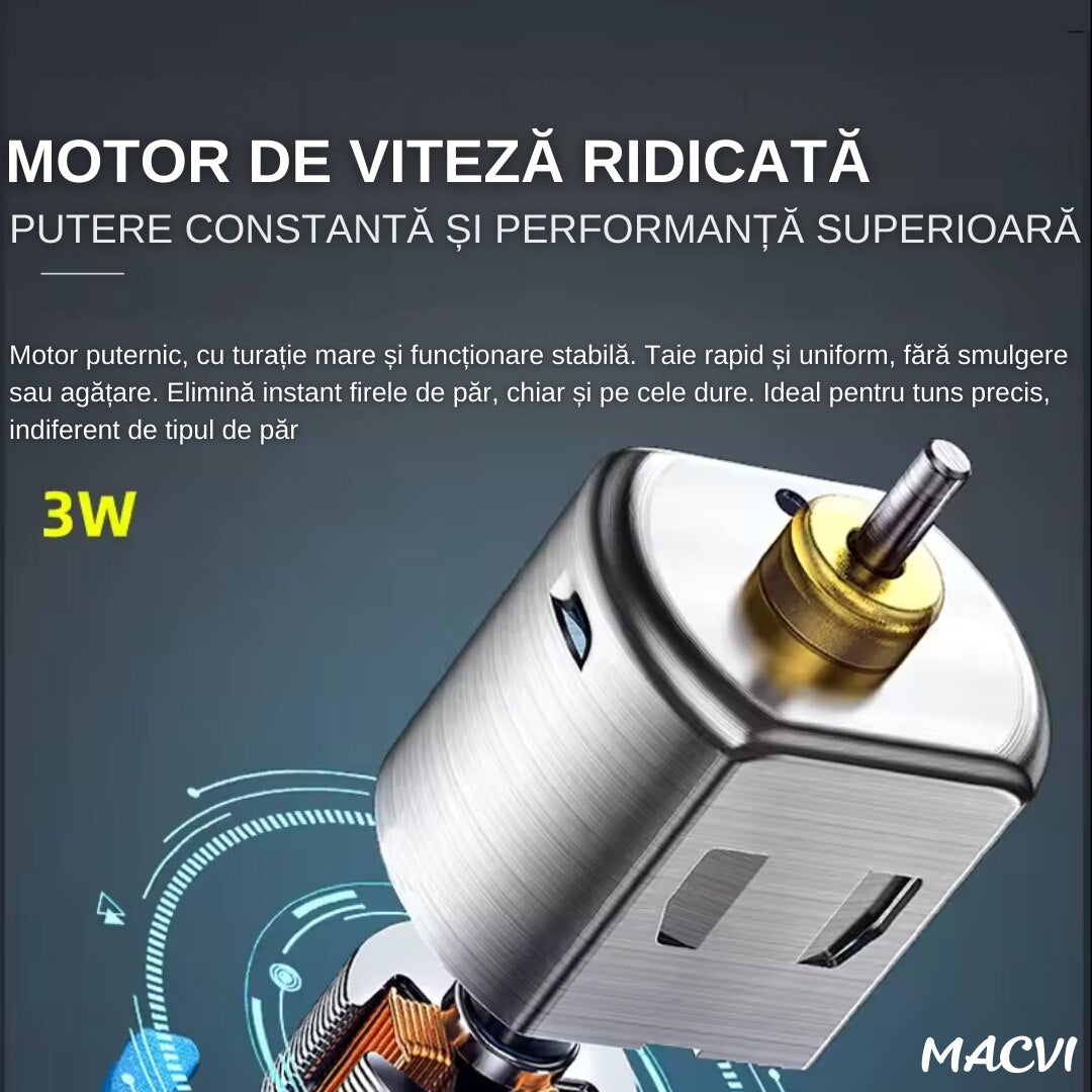 Aparat de tuns fara fir Macvi® cu stand, lame din otel, negru/argintiu, performanta inalta
