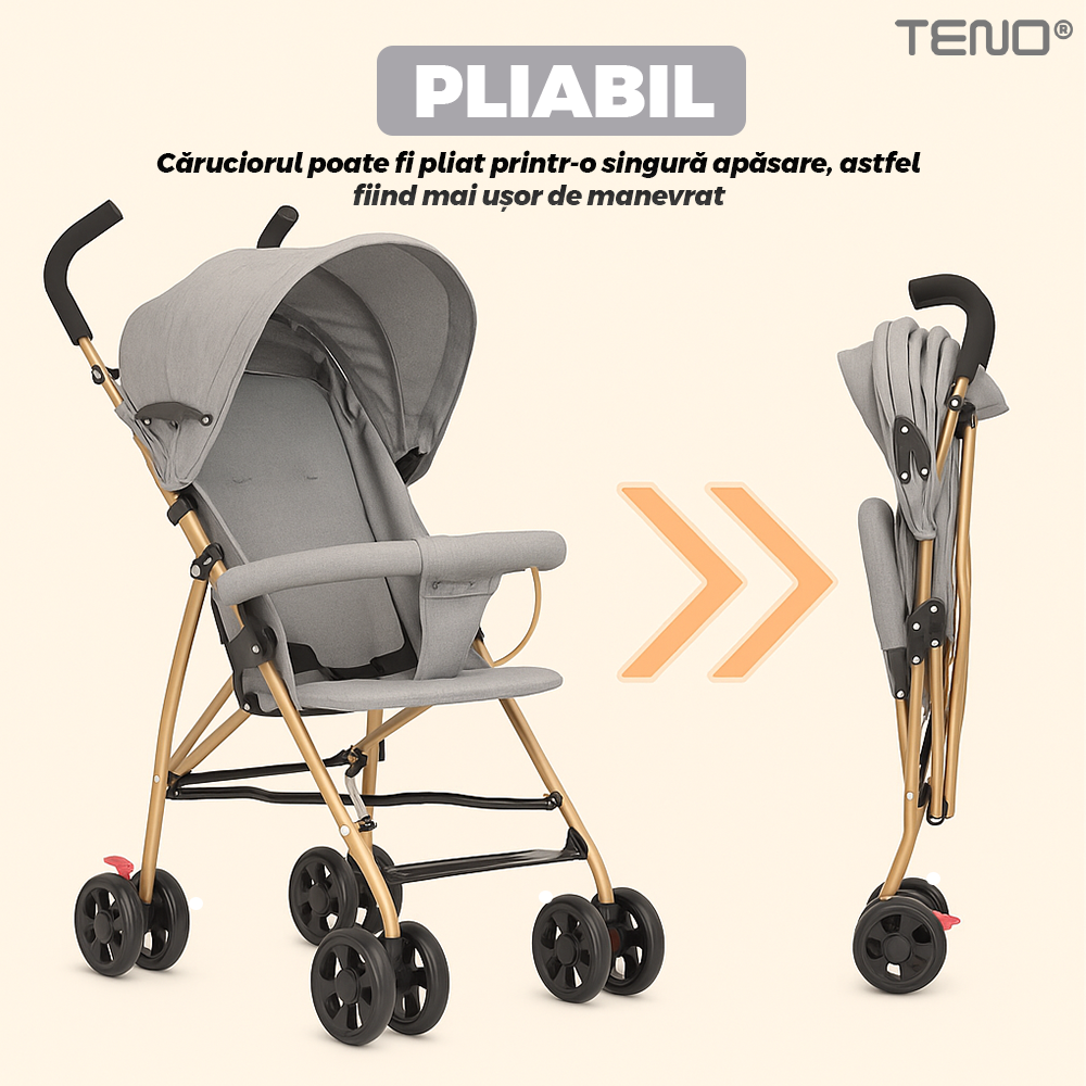 Carucior Sport pentru Bebelusi Teno®, pliabil, usor de carat, spatios, copertina retractabila, greutate maxima suportata 25 kg, gri deschis