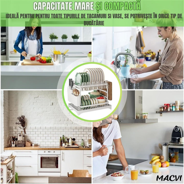 Uscator de vase supraetajat Macvi®, 2 niveluri, suport pentru tacamuri si pahare, tava scurgere, metal rezistent, 42x30x29 cm, alb