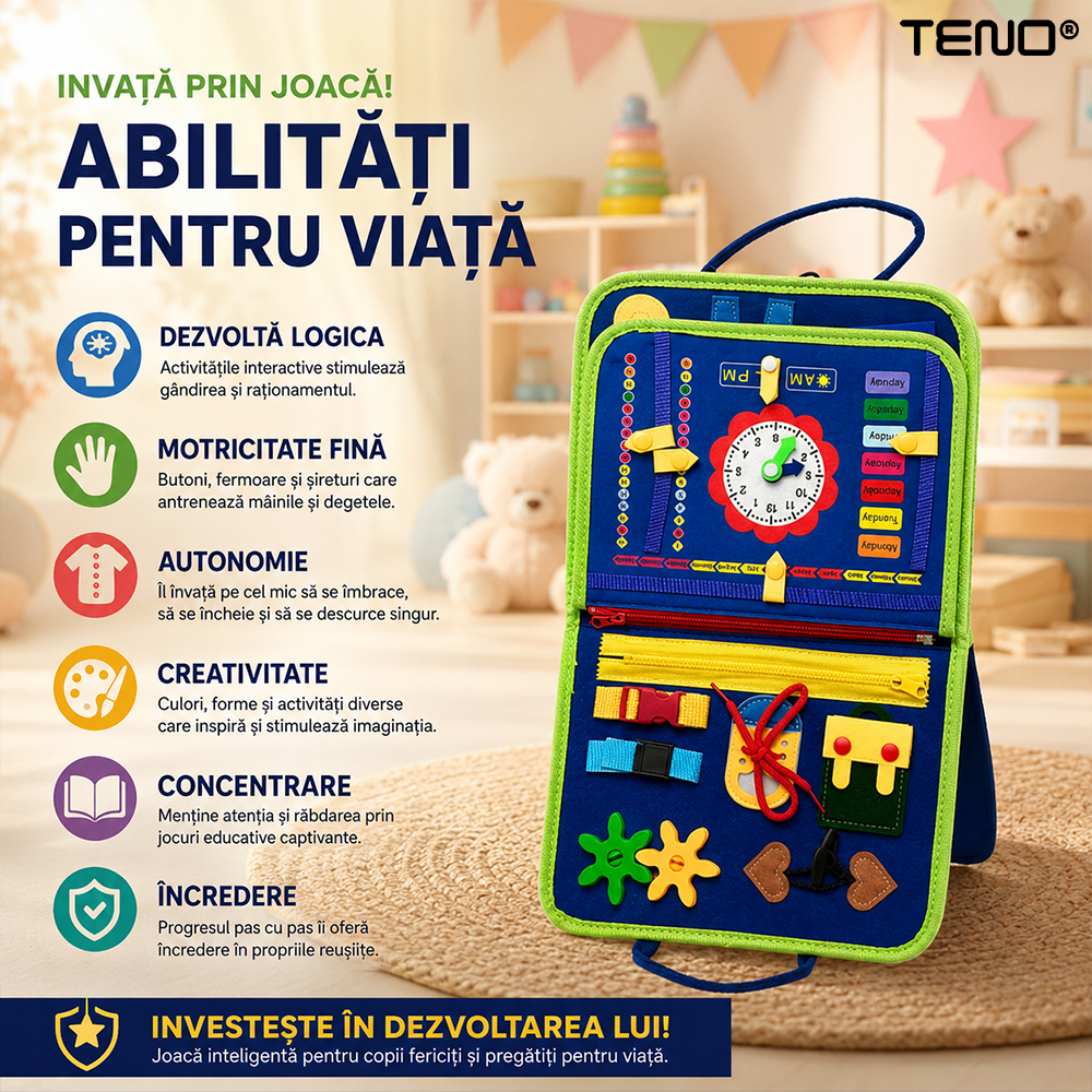 Carte Educativa cu Activitati Montessori Teno®, activitati senzoriale interactive, dezvoltarea abilitatilor motrice si atentiei, carte, mapa, tip gentuta cu multiple activitati, albastru