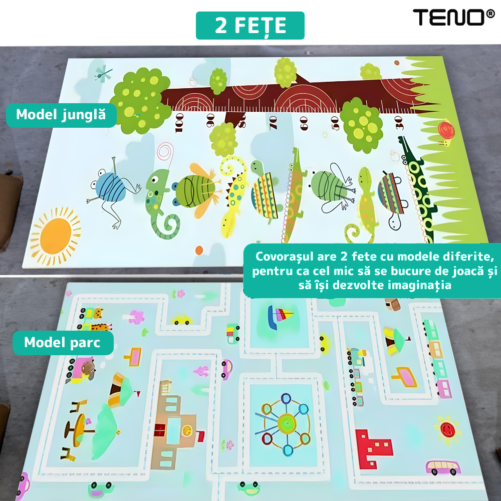 Covoras de Joaca pentru Copii Teno®, 2 fete, termic, anti-derapant, pliabil, protectie impotriva loviturilor, parc si jungla, 200x180cm, grosime 1 cm, multicolor