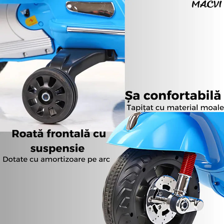 Scuter electric Macvi® pentru copii 3-8 ani, design realist Vespa, cu 2 baterii reincarcabile 6V, lumini functionale, roti ajutatoare, sistem audio si oglinzi, pana la 6 km/h, Albastru