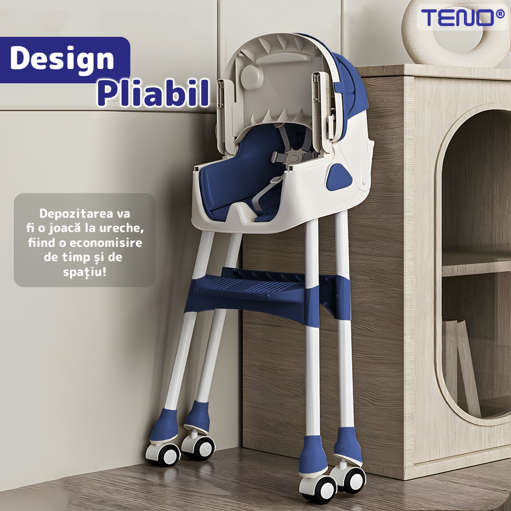 Scaun de Masa 3in1 pentru Bebelusi si Copii Teno®, centura de siguranta in 5 puncte, tavita reglabila si detasabila, loc depozitare jucarii, albastru inchis