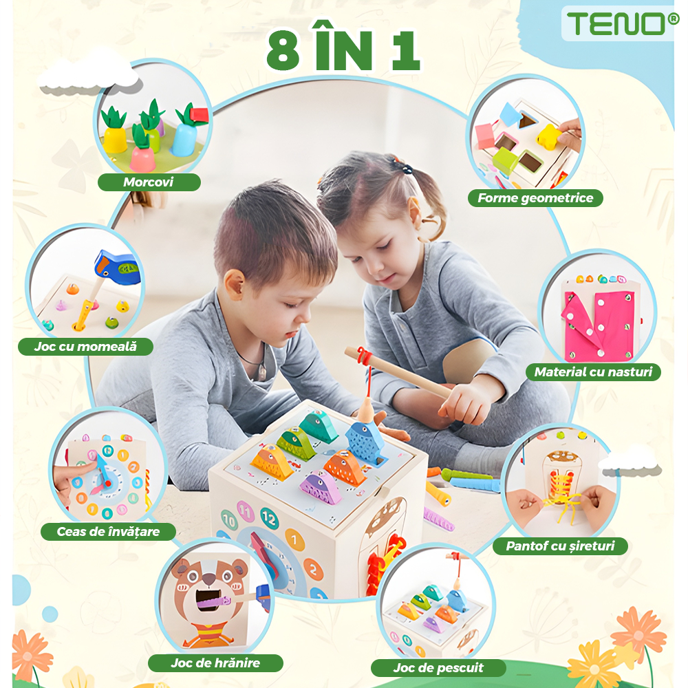 Cub Montessori Teno®, din lemn, educativ, joc cu legume, joc cu nasturi, joc de pescuit, sireturi, dezvolta abilitatile cognitive, senzoriale, coordonare mana-ochi, multicolor