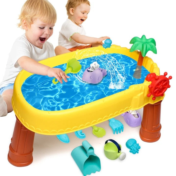 Masa de apa 2 in 1 Macvi® pentru copii, cu 8 accesorii interactive, multicolor, recomandata 3 ani+