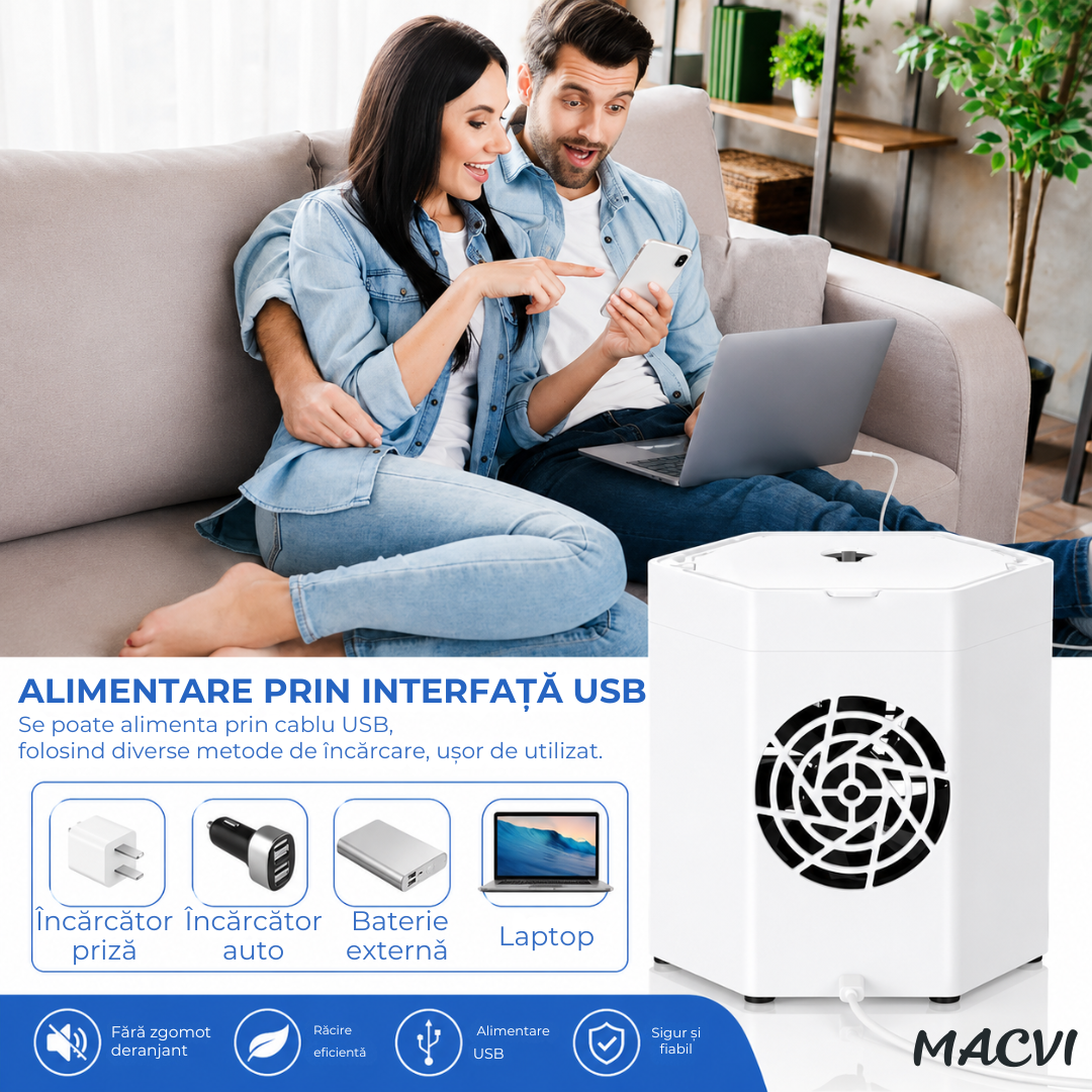 Mini aer condiționat portabil cu apă MACVI®, răcire, umidificare și purificare aer, 10W, USB, rezervor 400 ml, 2 trepte de viteză, autonomie până la 8 ore, alb