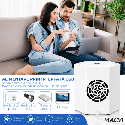 Mini aer condiționat portabil cu apă MACVI®, răcire, umidificare și purificare aer, 10W, USB, rezervor 400 ml, 2 trepte de viteză, autonomie până la 8 ore, alb