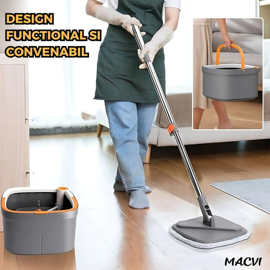 Mop Rotativ Macvi® cu Galeata, 2 lavete microfibra, functie de autocuratare, Rotatie 360°, Stoarcere Automata, Gri Inchis