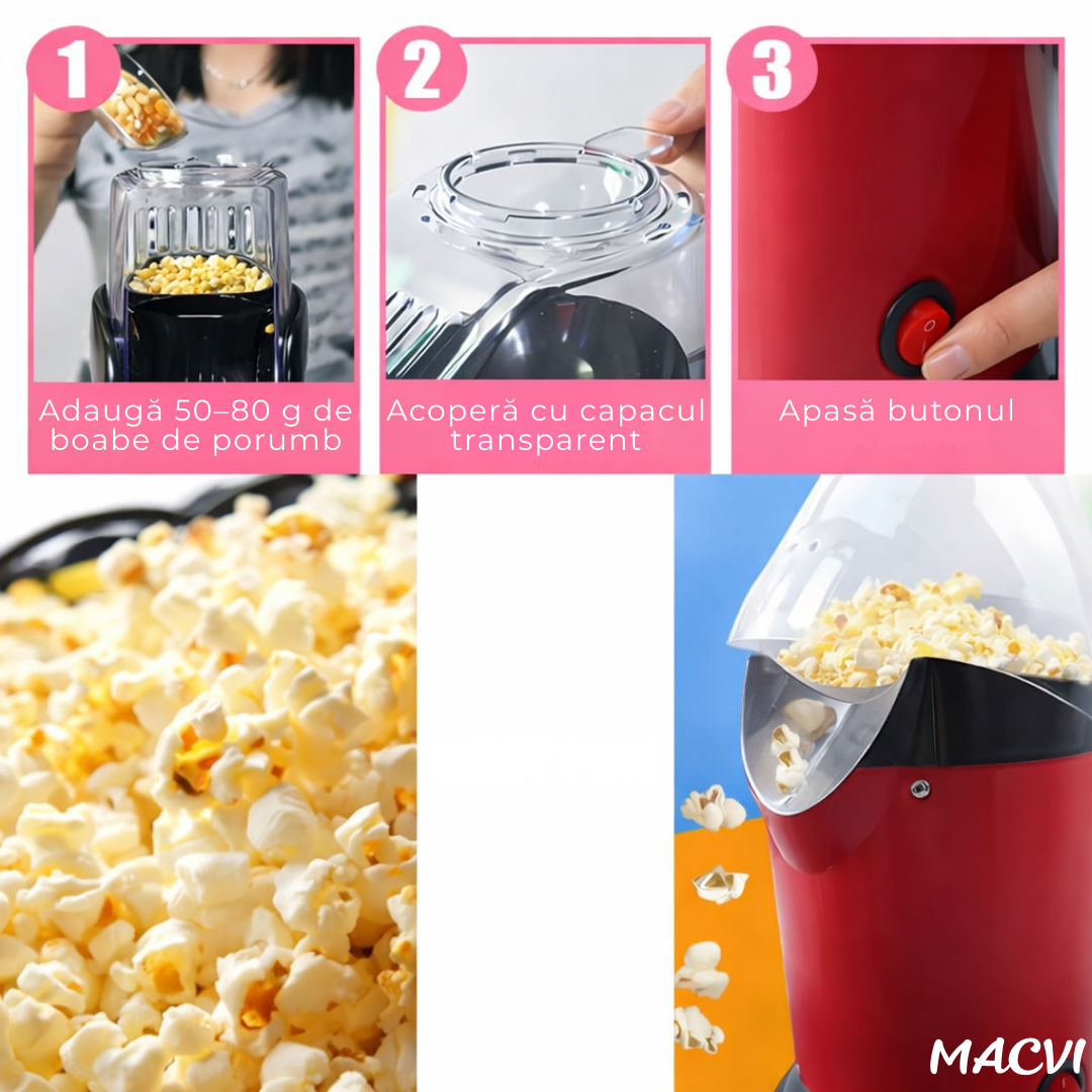 Aparat de facut popcorn Macvi®, 1200W, capacitate 2.5L, fara ulei, rosu