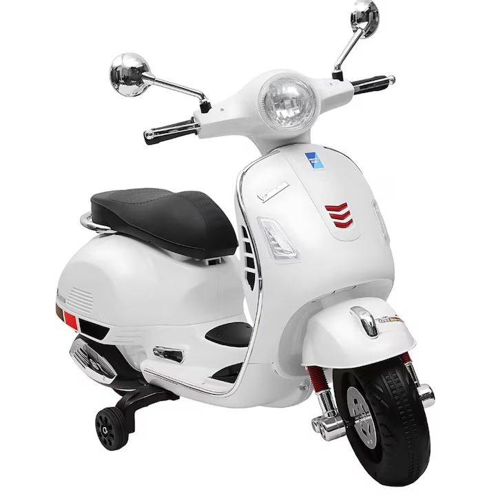 Scuter electric Macvi® pentru copii 3-8 ani, design realist Vespa, cu 2 baterii reincarcabile 6V, lumini functionale, roti ajutatoare, sistem audio si oglinzi, pana la 6 km/h, Alb