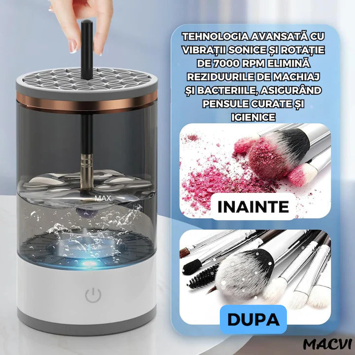 Dispozitiv automat de curatare pensule machiaj Macvi®, ultrasonic, 7000 RPM, incarcare USB, compact, ABS/PC, transparent