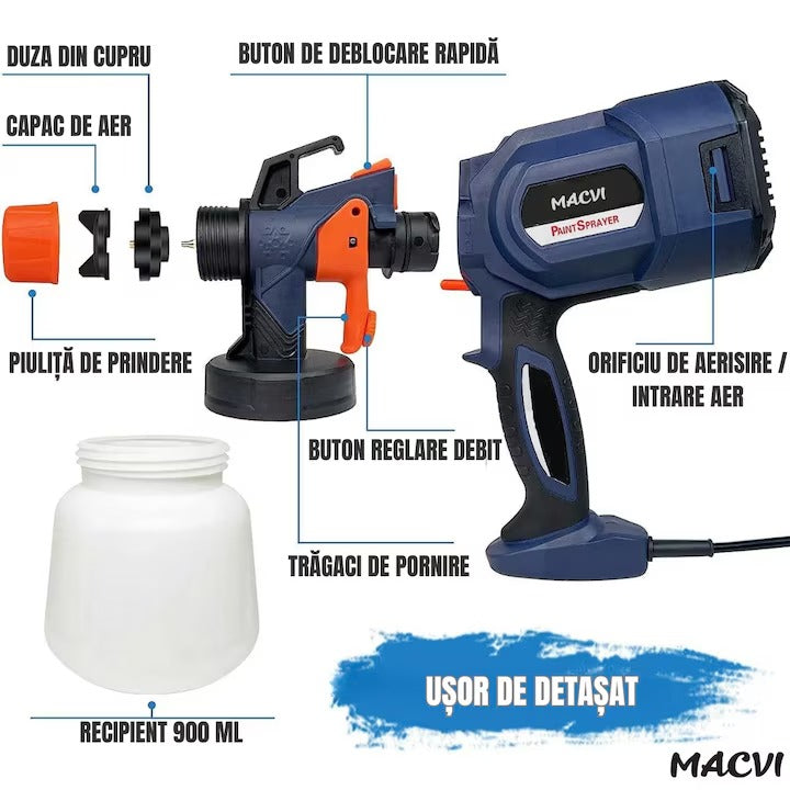Pulverizator electric vopsea Macvi® 700W albastru vas 900 ml 3 moduri pulverizare debit reglabil 4 duze