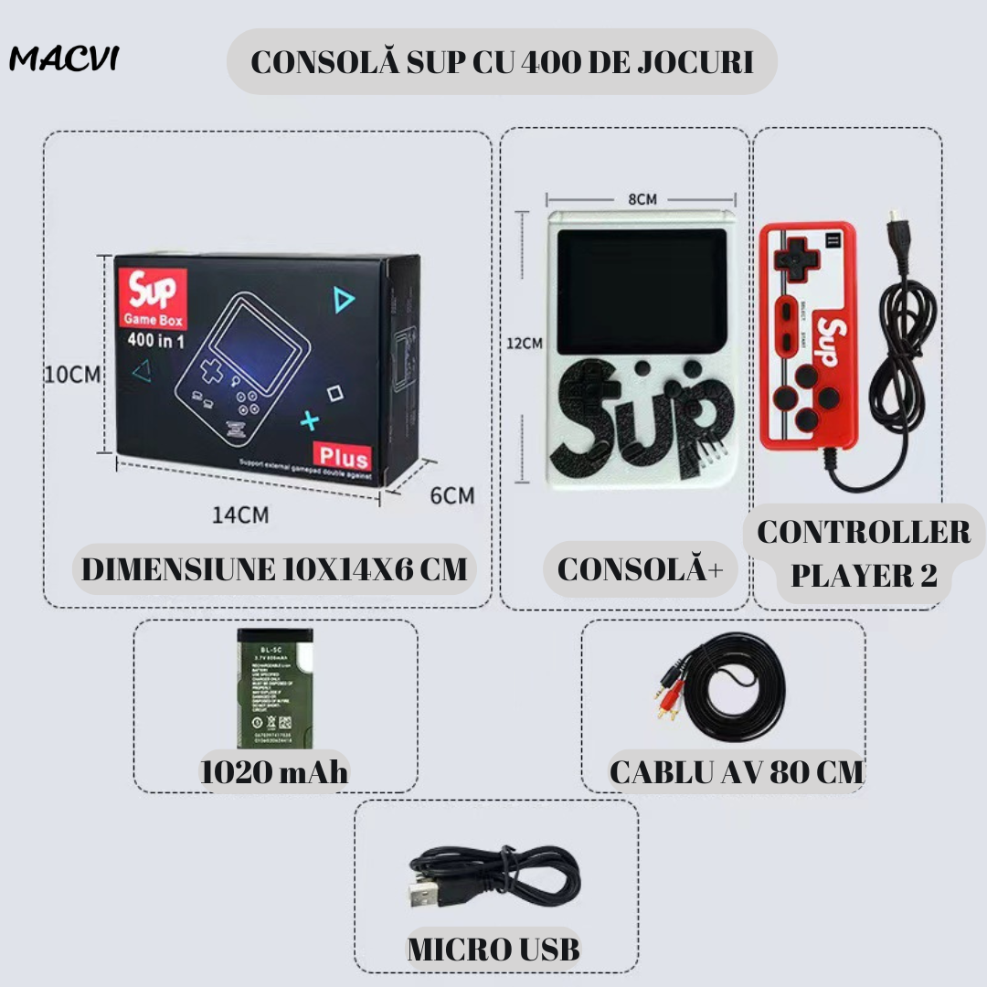 Mini Consola Retro Portabila Macvi® cu 400 Jocuri, 2 Jucatori, LCD Color 3 Inch, Baterie Reincarcabila, Conectare la Televizor, Culoare Rosu/Alb