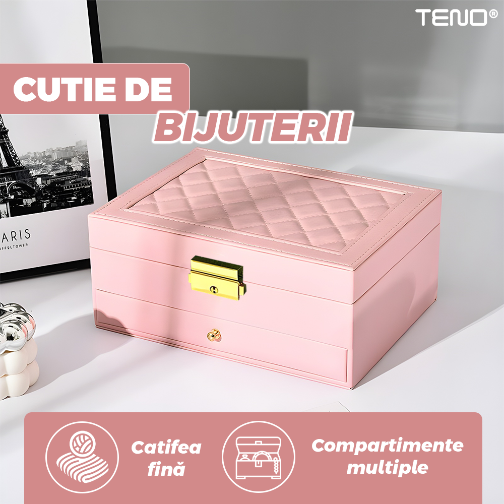 Cutie pentru Bijuterii Teno®, organizare si depozitare, 2 compartimente, captuseala fina, compartimente inele, bratari, lantisoare, ceasuri, compartiment secret, 23 x 10 x 17 cm, roz