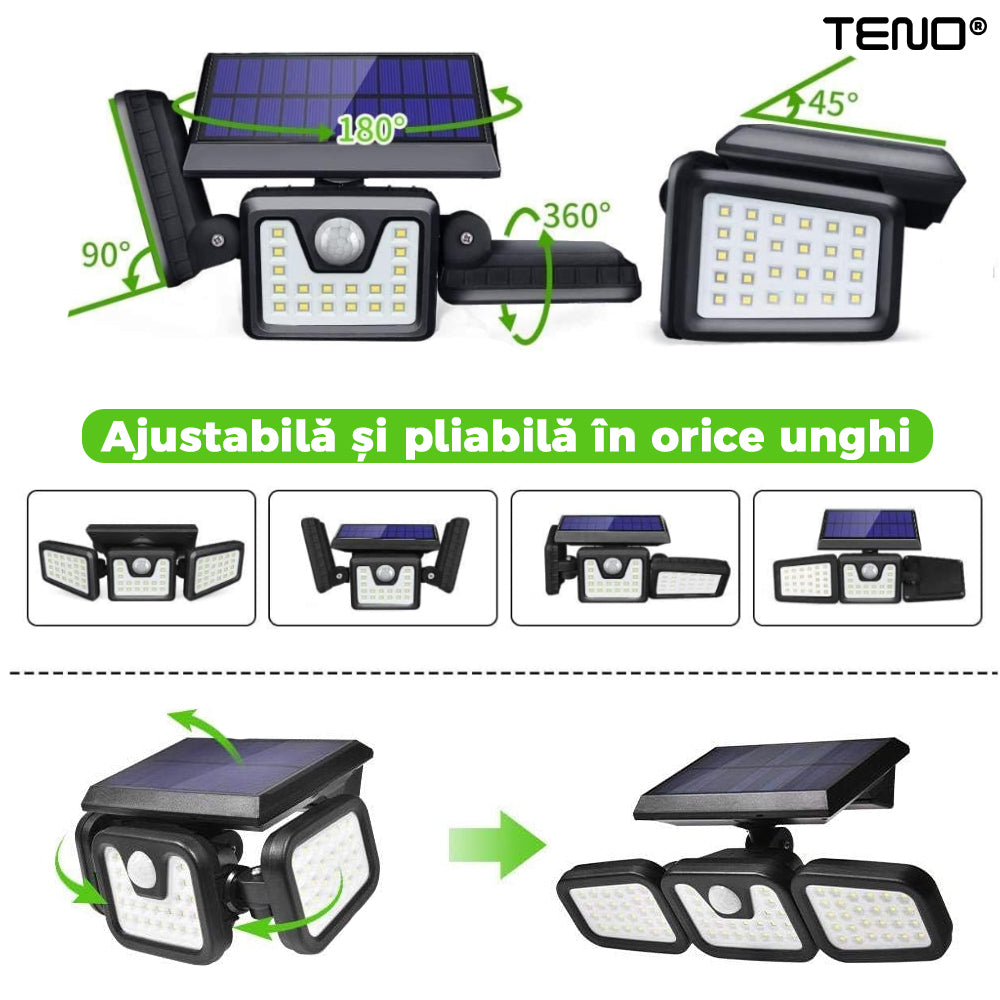 Lampa solara Teno, tripla, 72 LED-uri, senzor de miscare, protectie IP67, negru