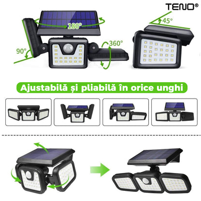 Lampa solara Teno, tripla, 72 LED-uri, senzor de miscare, protectie IP67, negru