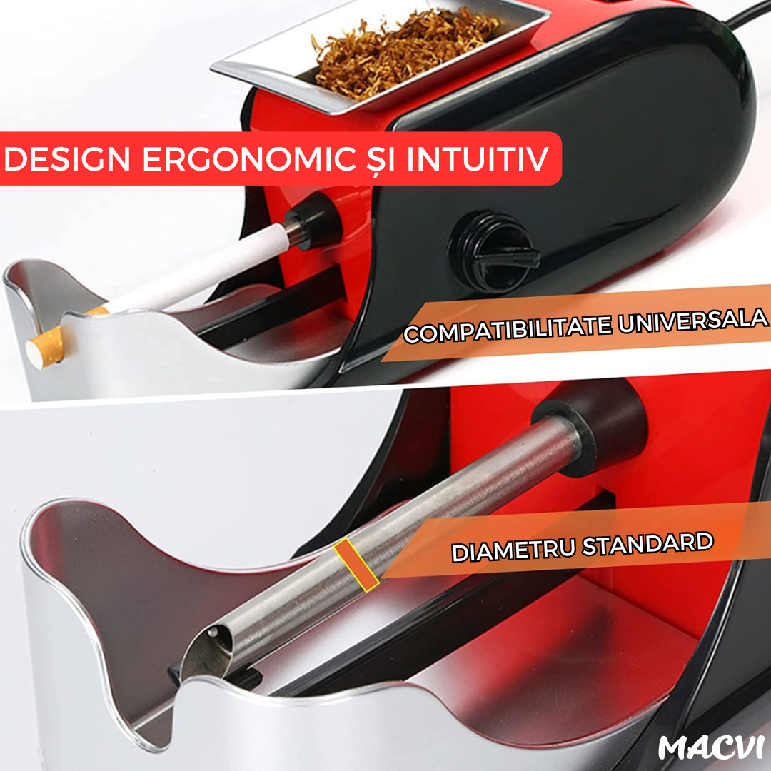 Aparat Electric de Facut Tigari Macvi®, 3 Niveluri de Maruntire, Injector de Tutun, Dimensiune Standard, Design Ergonomic, Rosu/Negru