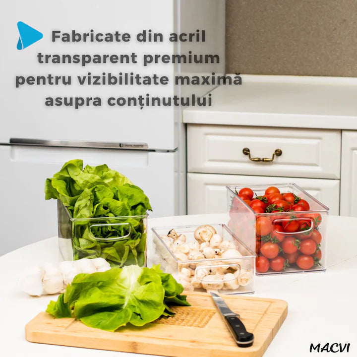 Set 4 organizatoare Macvi® pentru frigider, ABS durabil, fara BPA, stocabile, cu manere integrate, 26×15 cm, transparente