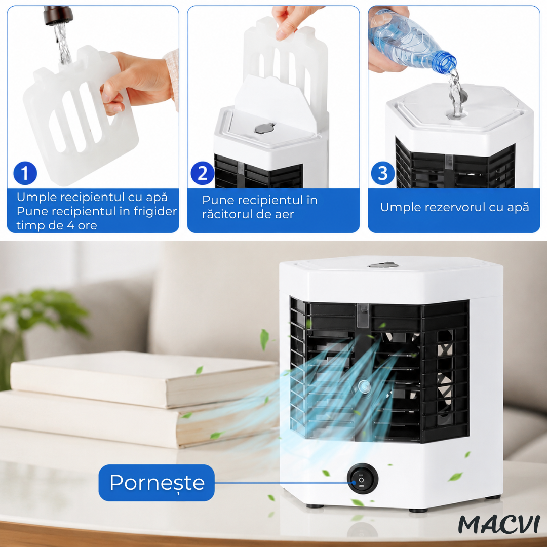 Mini aer condiționat portabil cu apă MACVI®, răcire, umidificare și purificare aer, 10W, USB, rezervor 400 ml, 2 trepte de viteză, autonomie până la 8 ore, alb