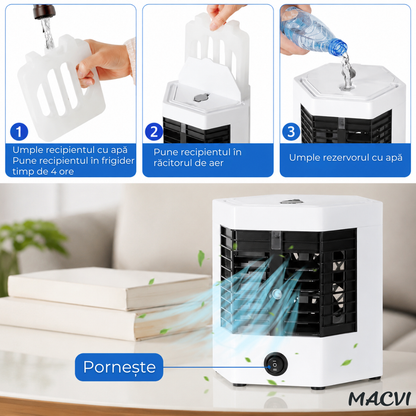 Mini aer condiționat portabil cu apă MACVI®, răcire, umidificare și purificare aer, 10W, USB, rezervor 400 ml, 2 trepte de viteză, autonomie până la 8 ore, alb