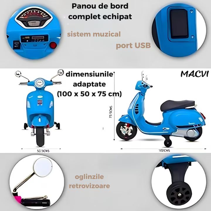 Scuter electric Macvi® pentru copii 3-8 ani, design realist Vespa, cu 2 baterii reincarcabile 6V, lumini functionale, roti ajutatoare, sistem audio si oglinzi, pana la 6 km/h, Albastru