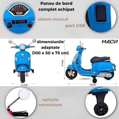 Scuter electric Macvi® pentru copii 3-8 ani, design realist Vespa, cu 2 baterii reincarcabile 6V, lumini functionale, roti ajutatoare, sistem audio si oglinzi, pana la 6 km/h, Albastru
