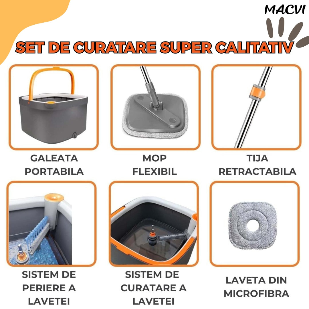 Mop Rotativ Macvi® cu Galeata, 2 lavete microfibra, functie de autocuratare, Rotatie 360°, Stoarcere Automata, Gri Inchis